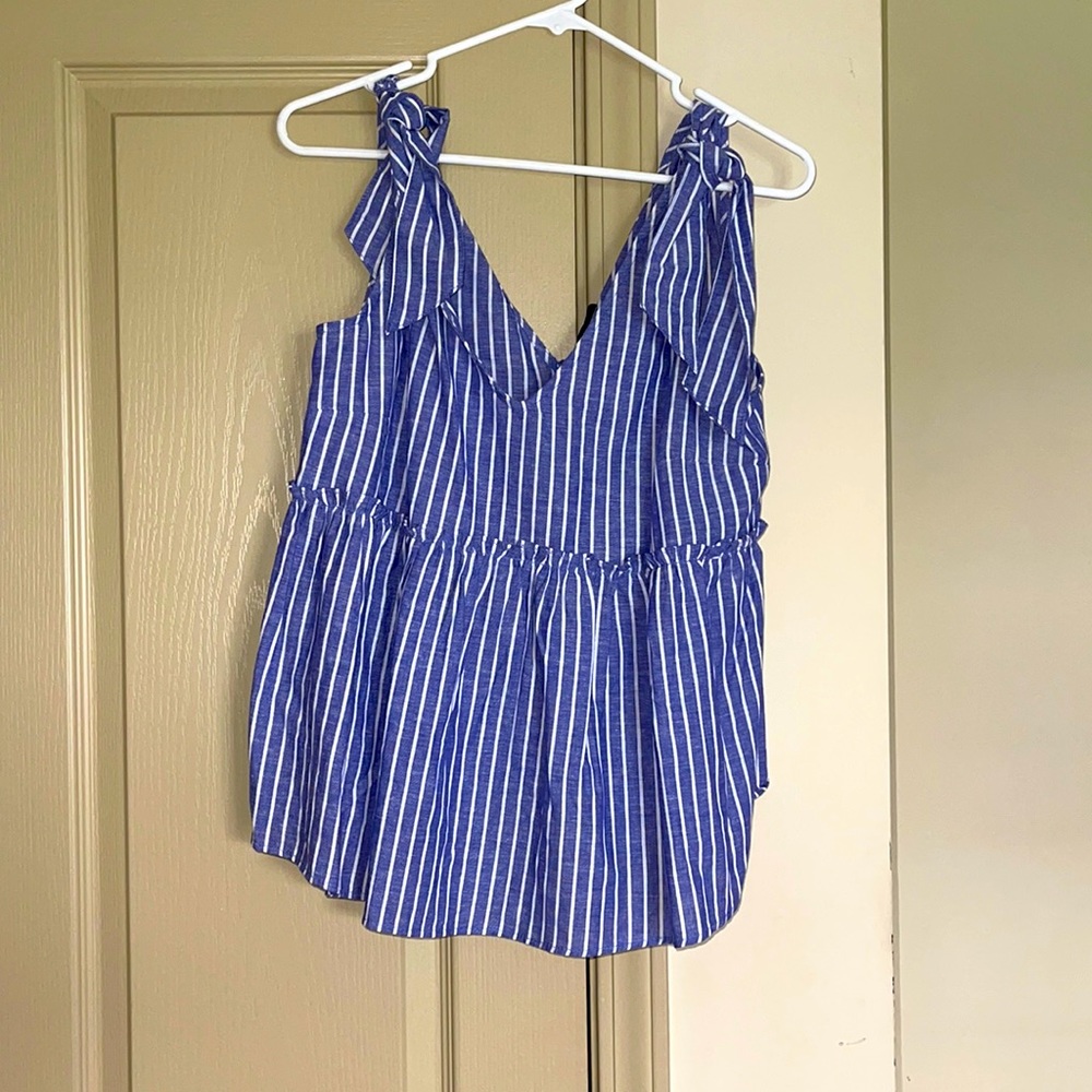 Shoulder Tie Blue Striped Top